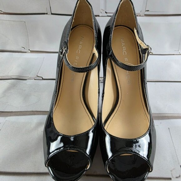 Marc Fischer Patent Leather Platform Mary Jane Peep Toe Heels Shoes Black 9M - Picture 2 of 8